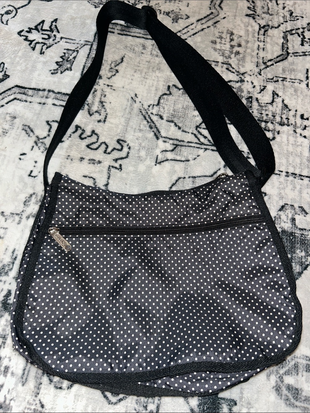 NWOT Le Sport Sac Black Polka Dot Bag with Front Zip Pocket Crossbody